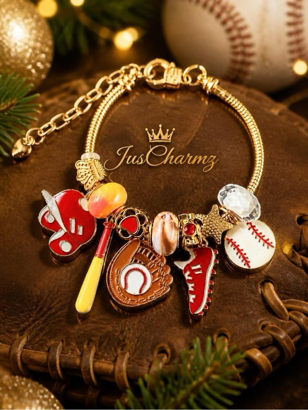 Gold Baseball Charm Bracelet with Red & White Accents